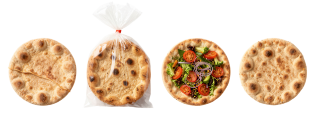 Four flatbreads on , one sealed in clear plastic with red tie, one plain with brown spots, one topped with tomatoes, green leaves, and red onions, one plain with brown spots.