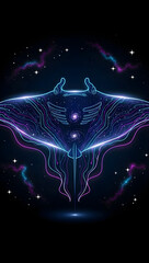 Vibrant neon circuit board design in space with stars and galaxies