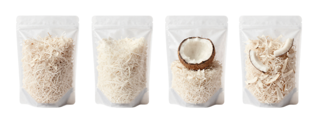 Four white ziplock bags filled with shredded coconut, one with a whole coconut cut in half on top.
