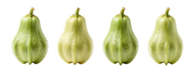 Four green, pear-shaped fruits with textured skin, displayed in a row , each with a small brown stem.
