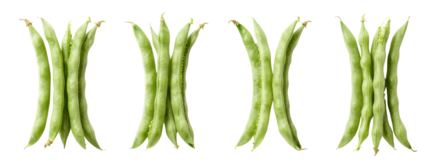 Photograph of five green sugar snap peas, arranged in two mirrored pairs. Each pea is elongated with a slightly curved shape, and small yellow tips.