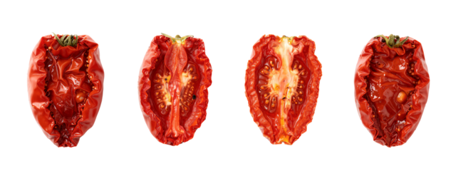 Photograph of four red, wrinkled, roasted chili peppers in a row, each showing different views: whole, cut in half, and sliced, with a green stem on the top left.