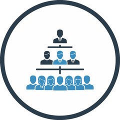 A professional blue and black vector icon inside a circular frame showing a business hierarchy. It features a tiered organizational chart with multiple people icons in a pyramid structure.