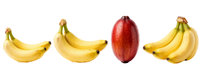 Photograph of four groups of bananas and one red mango, centered . Two bunches of bananas on left, one bunch on right, and one mango in the middle.