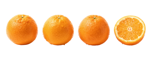Four orange fruits in a row. Three whole oranges, one halved, showing juicy, textured interior.