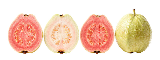 Photograph of four kiwi fruits in a row: two halves with pink flesh and small seeds, one half with white flesh, one whole yellow kiwi with a rough texture.