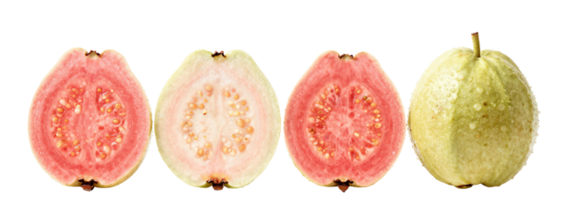 Photograph of four kiwi fruits in a row: two halves with pink flesh and small seeds, one half with white flesh, one whole yellow kiwi with a rough texture.