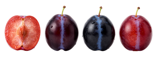 Four plums, side by side. From left to right: halved red plum, whole purple plum, whole blue plum with water droplets, whole red plum with slight purple hue.