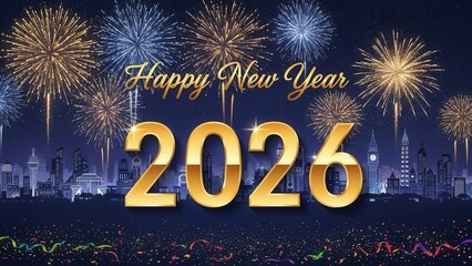 Magnificent 2026 new year city skyline with golden fireworks and confetti
