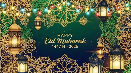 Happy Eid Mubarak 2026 Islamic Celebration with Traditional Lanterns and Festive Lights.