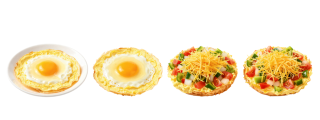 Photograph of four tortillas, first with sunny-side-up egg, next with egg and shredded cheese, next with egg, cheese, and diced tomatoes, and last with egg, cheese, and diced tomatoes and green pepper