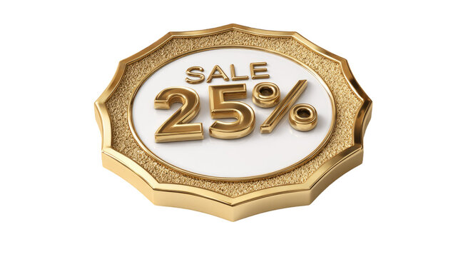 a shing gold and white badge that says SALE25% like a promotional discount label isolated on white background