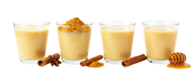 Four clear glass cups of creamy, light brown beverage, each topped differently with cinnamon, cumin, and honey. Surrounding cups are cinnamon sticks, whole star anise, and a honeycomb with honey dripp