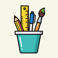 A colorful flat vector illustration of an art supplies container