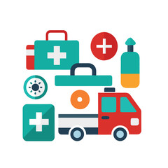 First aid and emergency medical icons. Ambulance, cross, CPR, emergency kit.