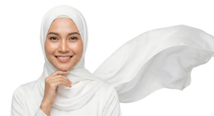 Smiling Muslim Woman Wearing White Hijab with Flowing Fabric - Isolated on White