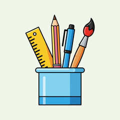 A colorful flat vector illustration of an art supplies container