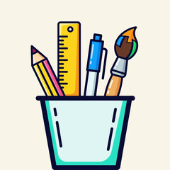 A colorful flat vector illustration of an art supplies container