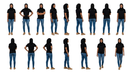 Woman in Hijab and Jeans: Front, Side, Back View Collection