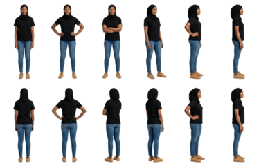 Woman In Hijab And Jeans Poses Collection - Front, Side, Back Views