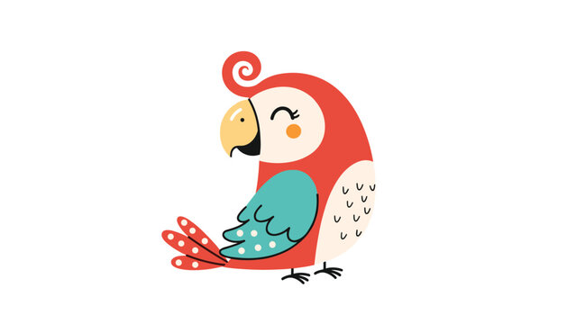 Colorful cartoon parrot illustration featuring red blue and white feathers with a cute smiling expression for kids.