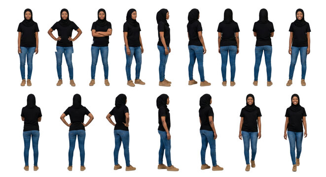 Woman in Hijab and Jeans: Front, Side, Back View Collection