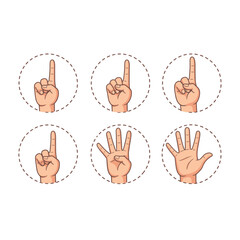 An educational cartoon illustration showing hand counting gestures from one to five