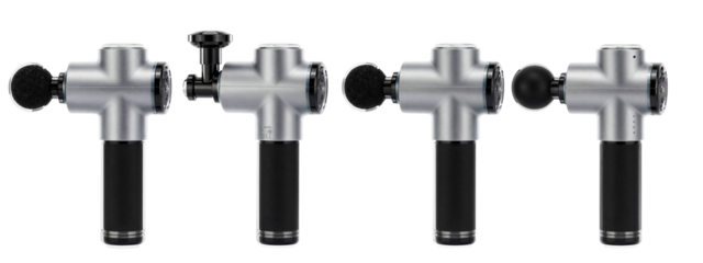 Photograph of five identical gray and black T-shaped valves in a row, each with a different black handle design.