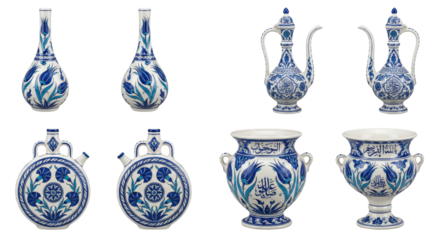 Blue and White Ceramic Collection: Iznik Pottery Vases, Jars, and Flasks