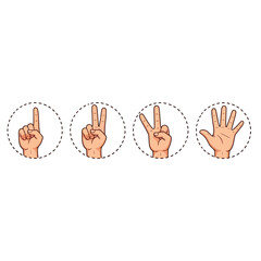An educational cartoon illustration showing hand counting gestures from one to five