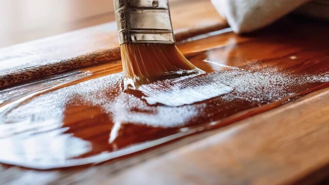 Medium shot showing closeup of lignin bioresin being spread evenly across wooden surfaces for ecofriendly crafting.