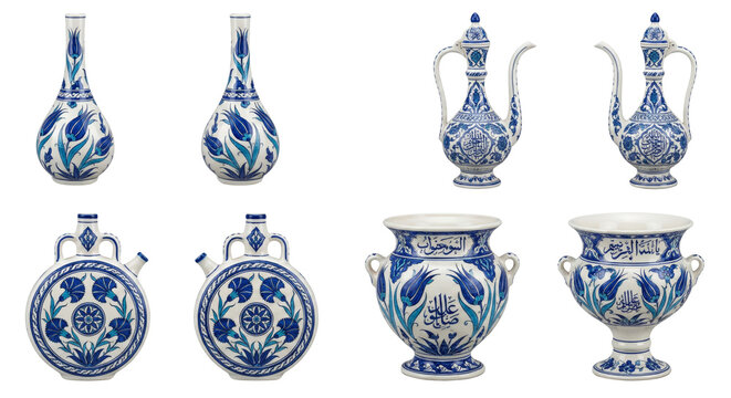 Blue and White Ceramic Collection: Iznik Pottery Vases, Jars, and Flasks