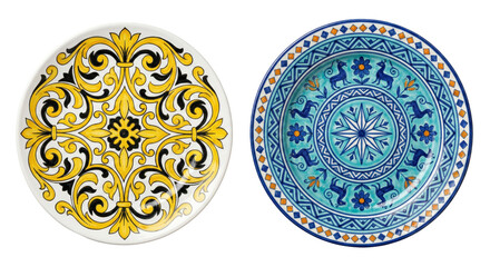 Decorative Ceramic Plates with Ornate Patterns - Yellow and Blue Designs