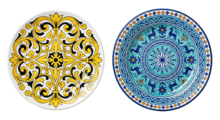 Decorative Ceramic Plates with Ornate Patterns - Yellow and Blue Designs