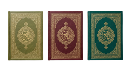 Three ornate Quran books with gold Islamic calligraphy on white background