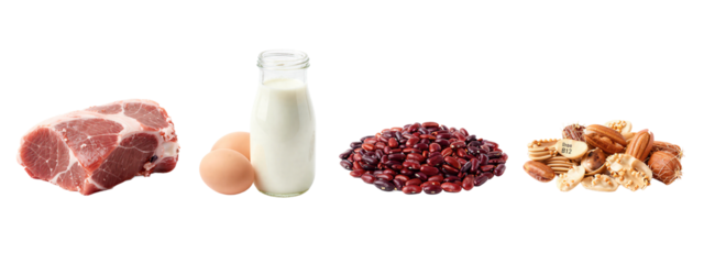 Photograph of a row of food items: raw meat on the left, brown egg, glass milk bottle, dried red berries, and nuts on the right.
