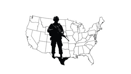 Military soldier silhouette with map of united states silhouette vector on whit background