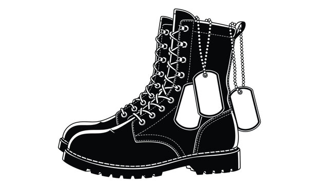 Military combat boots with dog tags and chain on a plain silhouette vector on whit background