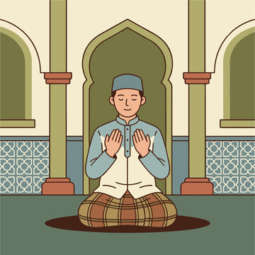 Muslim Man Praying in Mosque Wearing Peci and Sarong Vector Illustration