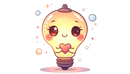 Adorable cartoon lightbulb character with rosy cheeks holding a small heart, beaming