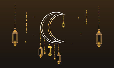 golden ramadan Kareem, Eid Mubarak Greeting Line icon minimal and simple vector design with beautiful Glowing Lantern and elegant crescent moon star on dark background or Banner.