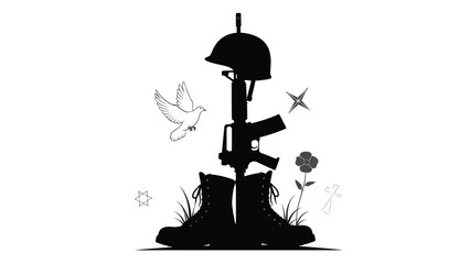 Silhouette of military helmet and boots with doves silhouette vector on whit background