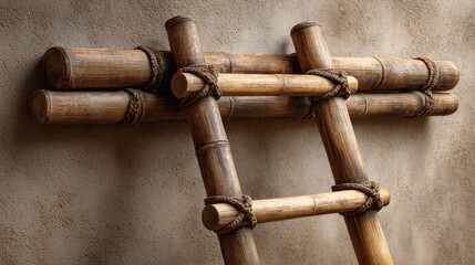 Bamboo Ladder and Bamboo Sticks:  A meticulously crafted bamboo ladder leans against a wall alongside a stack of bamboo sticks, exuding an organic and sustainable aesthetic.  