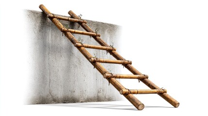 Bamboo Ladder Against Concrete Wall: A rustic bamboo ladder leans against a weathered concrete wall, its natural textures and tones creating a harmonious blend of simplicity and resilience.