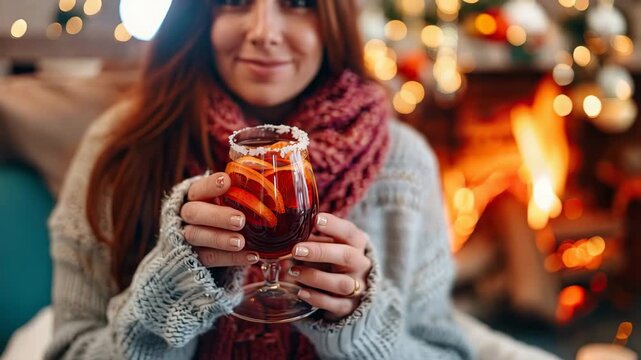 a cup of mulled wine in hands on the background of the fireplace. Selective focus