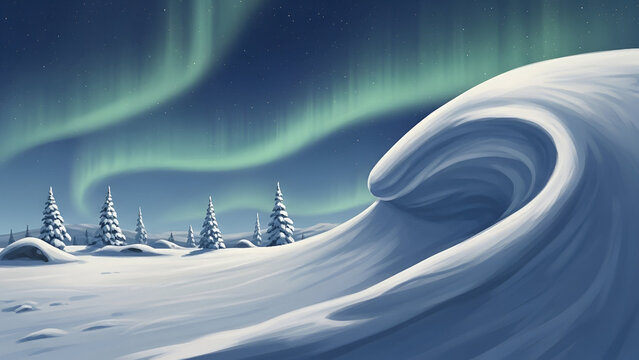 Charming winter landscape with snow-covered hills and stunning aurora borealis - Powered by Adobe