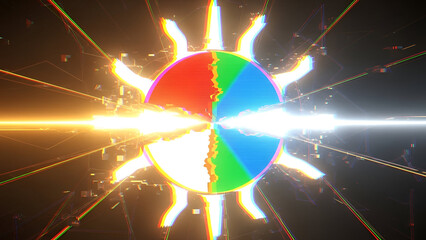 Dynamic abstract rendering of multicolored circle with glowing light beams concept