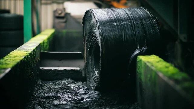 Footage of algaeinfused rubber retread mixing in a factory presenting cuttingedge biotechnology advancements and ecoconscious tire recycling efforts.