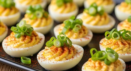 Delicious Deviled Eggs Appetizer Garnished with Fresh Green Onions.