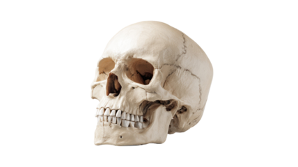 An isolated human skull bone on a white background features a medical cranium and jaw with teeth as a spooky anatomical object for science, medicine, or a scary Halloween horror theme
